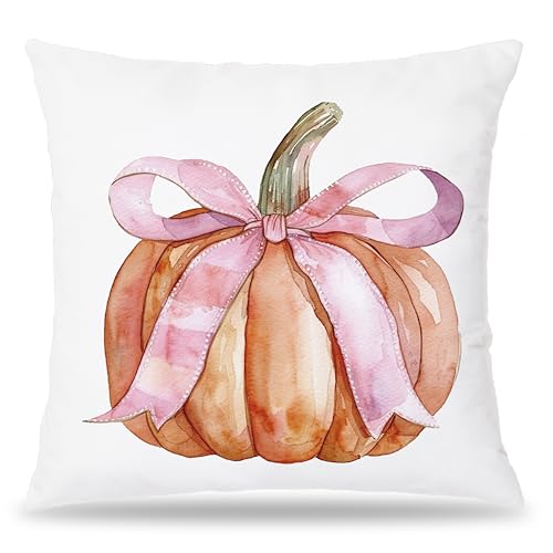 Pumpkin Pillow Covers with Coquette Pink Bow - 18x18
