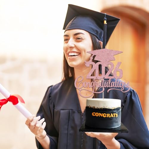 Rose Gold Glitter 2026 Graduation Cake Topper - Congrats Grad Decor