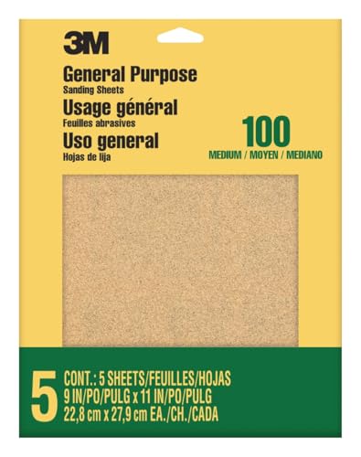 3M Aluminum Oxide Sandpaper, 100 Grit, 9x11 in, 5 Sheets - General Purpose