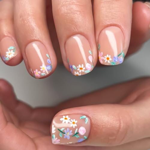 Short Square Daisy Press On Nails with Jelly Glue 24Pcs