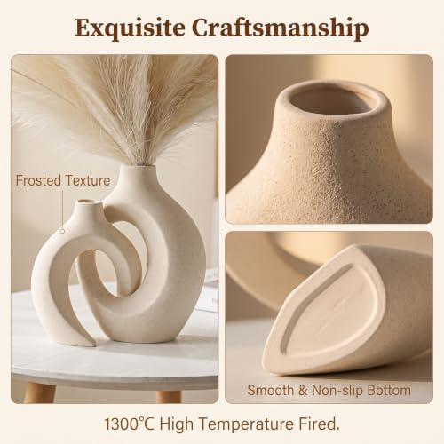Large Cream White Ceramic Vase Set of 2 - Kurguso Boho Decor