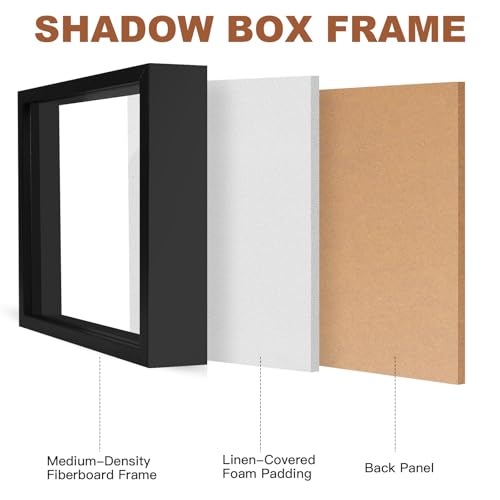 Ninsula 8x8 Shadow Box Frame with Linen Back and Pins - Black Display Case