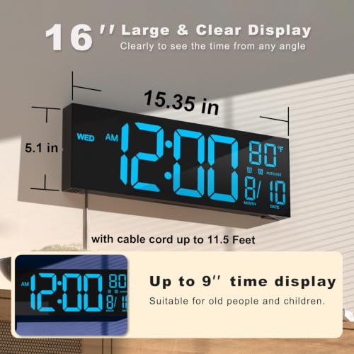 Large 16-inch Digital Wall Clock with Countdown Timer & Temperature - Blue Variation