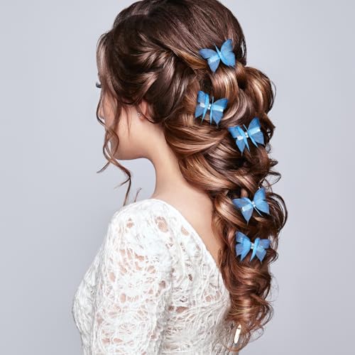 PAGOW 5pcs Blue Butterfly Hair Clips Rhinestone Snap Barrettes
