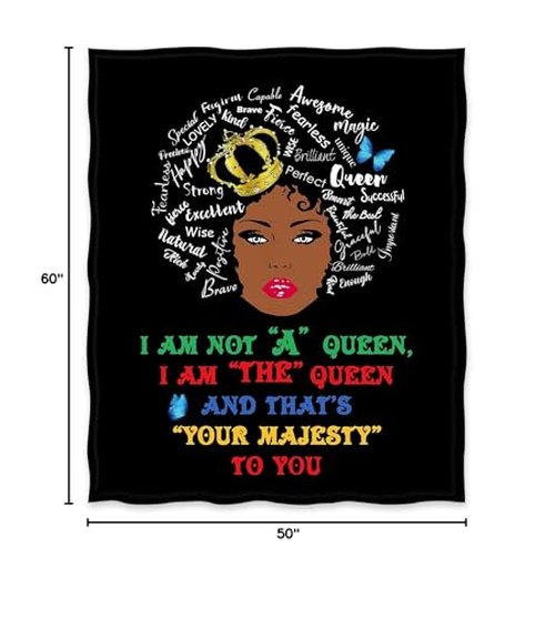 Jekeno African American Black Girl Lady Blanket I AM The Queen Print Gifts for Women Kids Girls Female Friends Home Bedroom Living Room Decor Soft Cozy Plush Throw Blankets Black 50"x60"