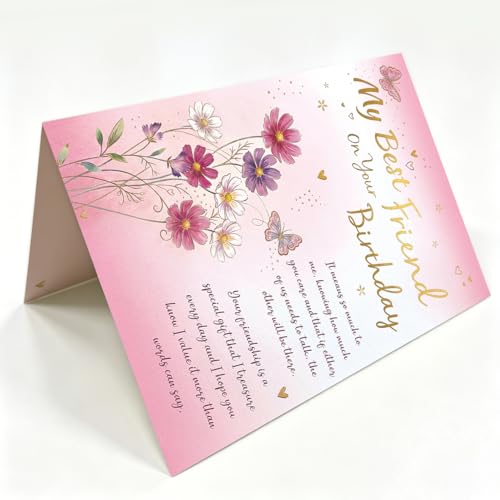 Best Friend Birthday Card with Floral Butterfly Design and Luxury Envelope