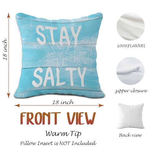 Stay Salty Coastal Throw Pillow Cover - 18x18 Inch Nautical Blue Flannel