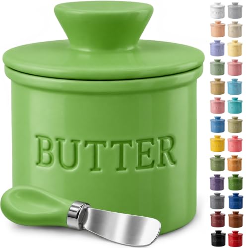 Green Butter Crock with Lid and Spreader Knife - Ceramic French Butter Dish