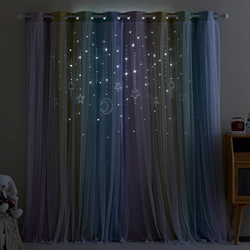 NICETOWN Nursery Blackout Curtains for Girls, 1 Panel, Moon Stars Kids Curtains Double Layer Window Drapes Coverings for Bedroom Living Room, 52 x 84 Inch, Rainbow