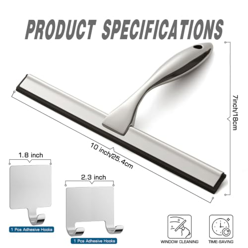 SSTOOHL 10-Inch Stainless Steel Shower Squeegee with 2 Adhesive Hooks