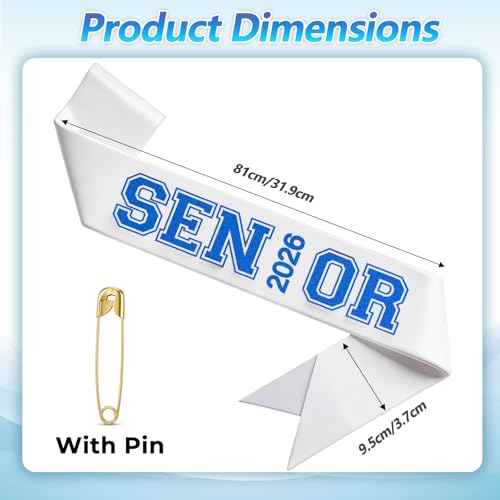 2026 Senior Sash - White Satin with Blue Glitter Letters