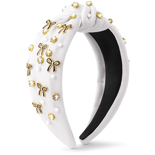 PANTIDE Rhinestone Jeweled Knotted Headband with Black Bow - White