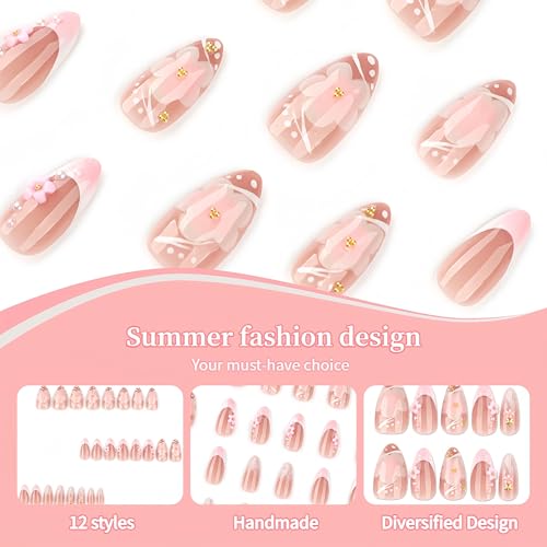 Hibiscus Flower Press on Nails Medium Almond Fake Nails with Rhinestones