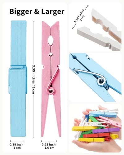 10 Colorful Wooden Clothespins - Heavy Duty 3.55 Inch Clips (50 Pack)