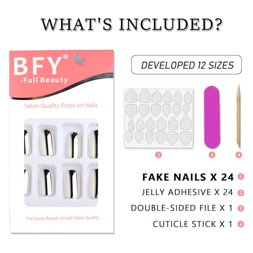 BFY Short Square Silver Chrome Press On Nails - 24 Pcs Glossy Mirror Metal Acrylic False Nails Set with Tools
