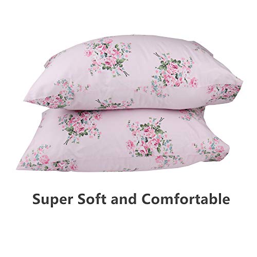 2 Pack Pink Floral Pillowcases - 100% Cotton, 600 Thread Count, 20x30 in