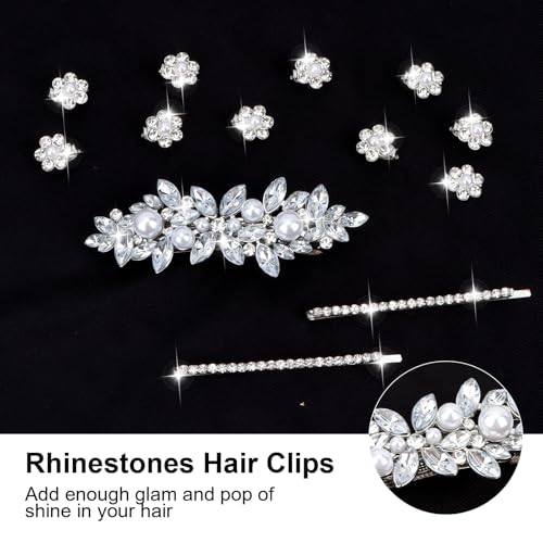 WHAVEL Rhinestone Hair Clips 13-Piece Set Silver Flower Barrettes for Wedding Prom