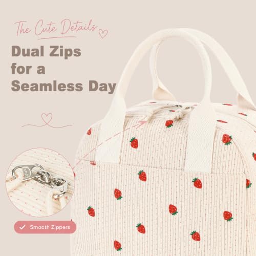 Cute Strawberry Insulated Lunch Bag for Women - Durable Corduroy Tote