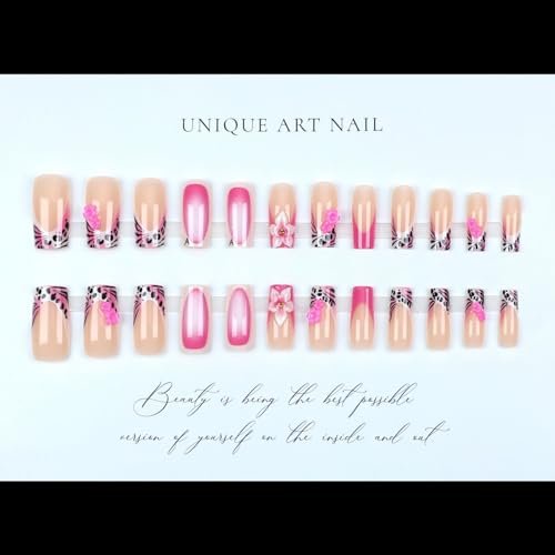 Pink French Press On Nails Long Square Fake Nails with 3D Flowers 24pcs
