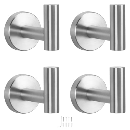 NearMoon Brushed Nickel Robe Hooks - Heavy Duty 4 Pack for Bathroom & Kitchen