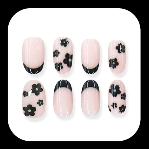 LYLYNB Black French Tip Press on Nails with Floral Art - Almond False Nails