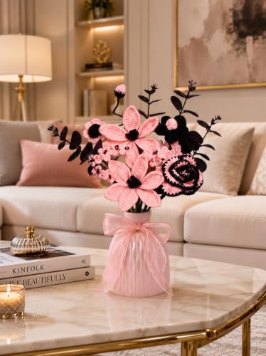 Crochet Flowers Bouquet - Pink & Black Handmade Knitted Gift for Her