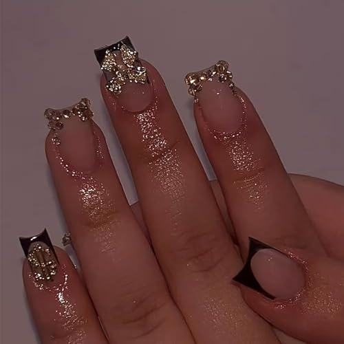 Black French Tip Press On Nails Short Square with 3D Gold Bow & Rhinestone