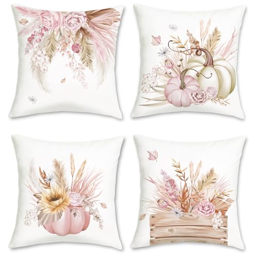 Bonhause Pink Pumpkin Fall Throw Pillow Covers (Pack of 4) - 18x18