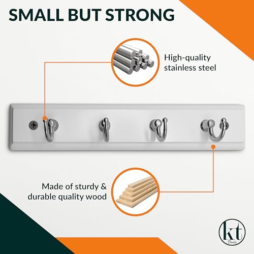 Wall Mounted Key Rack with 4 Hooks - Modern Steel & Wood Key Organizer - White