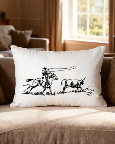 Western Cowboy Roping Bull Lumbar Pillow Cover 12x20 - Rustic Ranch Decor