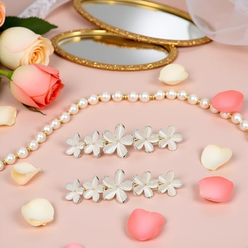 Gold Flower Opal Hair Clips Sparkly Wedding Barrettes 2 Pcs