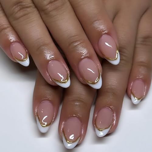 White French Tip Press on Nails Short Almond with Gold Line Design