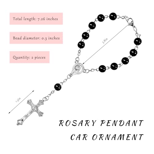Car Rosary Rearview Mirror Ornament with Cross & Beads - 2 PCS