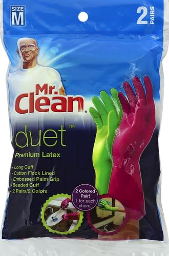 Mr. Clean Duet Natural Latex Cleaning Gloves, Medium, 2-Pack