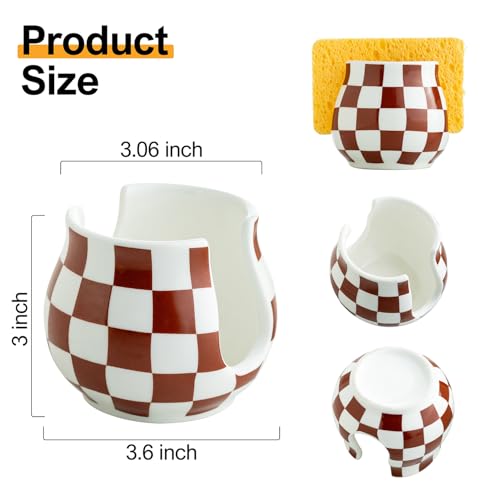 Zoeeker Ceramic Sponge Holder, Checkered Barrel-Style Sink Caddy (Brown & White)