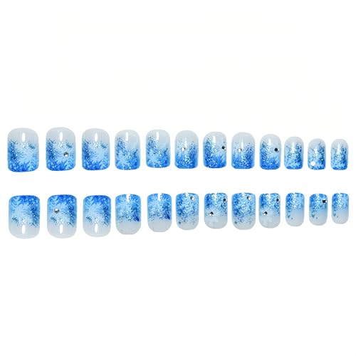 SHUXILIN Christmas Blue Press on Nails Short Square Glitter False Nails with Rhinestones