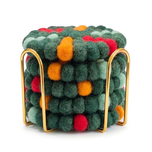 Christmas Tree Wool Felt Coasters Set with Holder - 5 Pack, Handmade