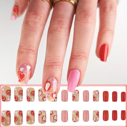 Red Love Heart Press on Nails Medium Square Glossy Fake Nails 24Pcs