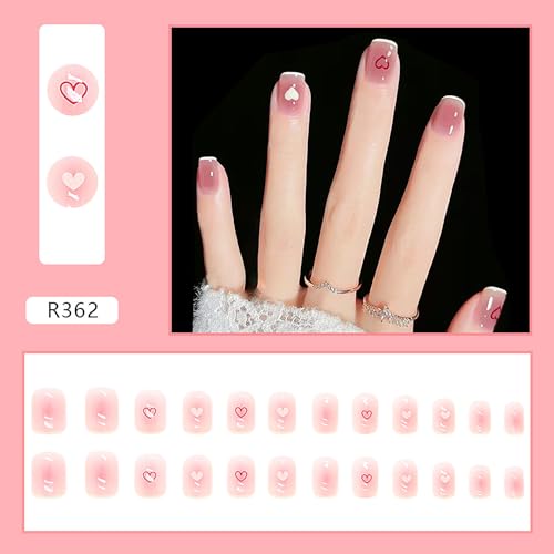 Onsdag Pink Short Coffin Press On Nails with Heart Designs - 24Pcs Glossy Acrylic False Nails Set