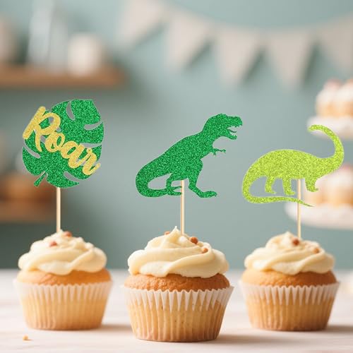 12 Dinosaur Cupcake Toppers - Glittery Party Decor for Kids