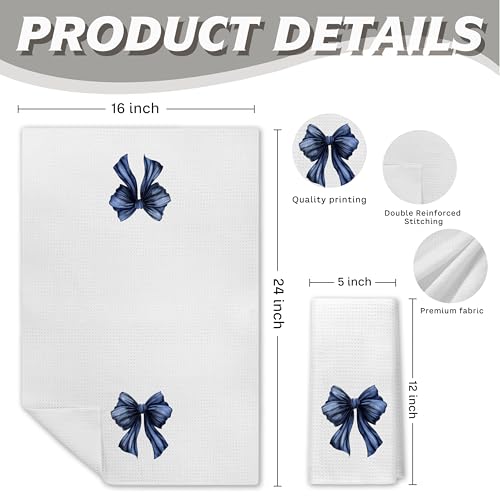 PIUD Navy Blue Bow Kitchen Towels, Preppy Waffle-Weave Hand Towels 16x24