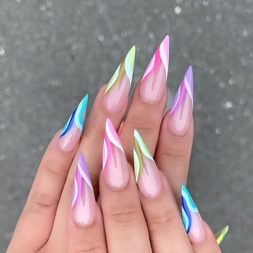 NICENEEDED Long Stiletto Press on Nails Colorful French Tip False Nails