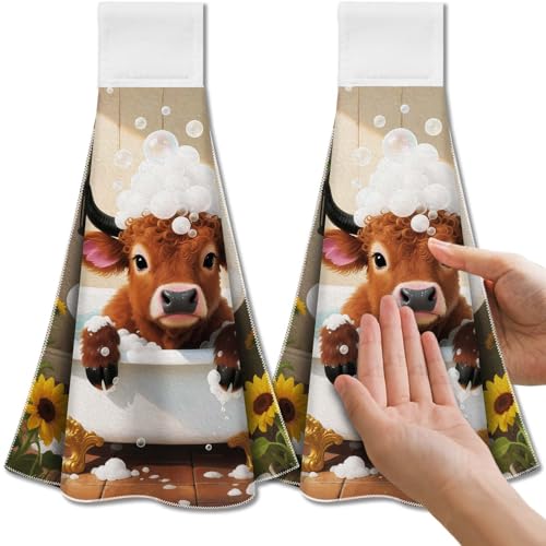 CUTHOLLOW 2 Pcs Bathroom Cow Hanging Kitchen Towels with Loop – Stylish & Absorbent Microfiber Towels for Kitchen & Bathroom Decor