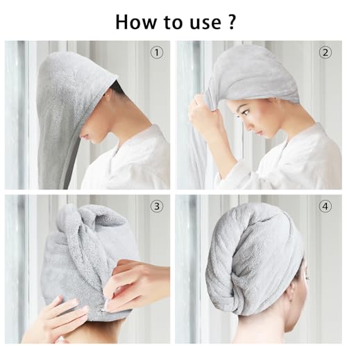 AGLIFEFY Microfiber Hair Towel Wrap - 2 Pack Light Grey Quick Dry Turban