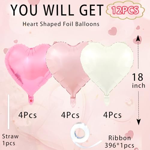 Pink Heart Balloons - 18 Inch Foil Balloons for Parties (12Pcs, Pink-2 Variation)