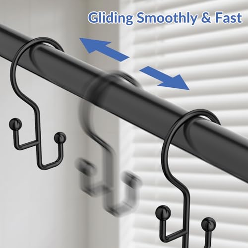 Goowin Black Double Shower Curtain Hooks - Rust-Proof Metal Rings (12 Pcs)