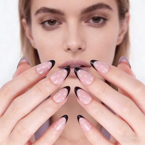 FNNZ Black French Tip Short Almond Press On Nails with Glue - 32Pcs