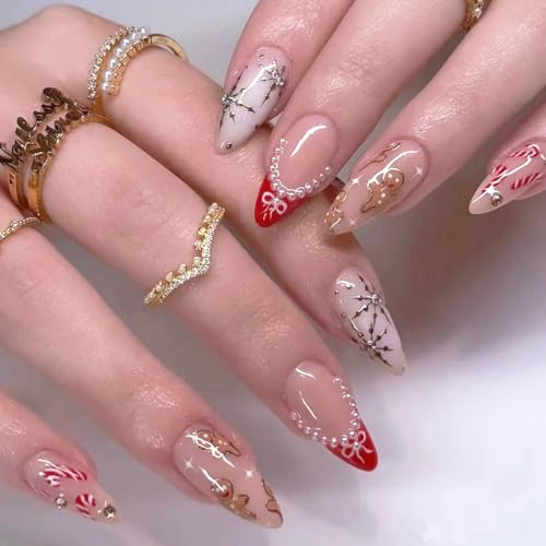 Christmas Press on Nails Long Almond Fake Nails Festive Holiday Design