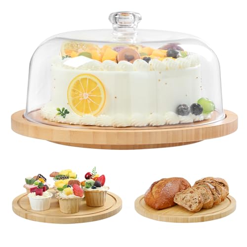 Ohuhu Cake Stand with Lid, Bamboo 2-in-1 Cake Turntable Cake Holder Plate Serving Platter with Acrylic Dome Three Detachable Supports for Birthday Kitchen Party Baking Decorative Mothers Day Gifts