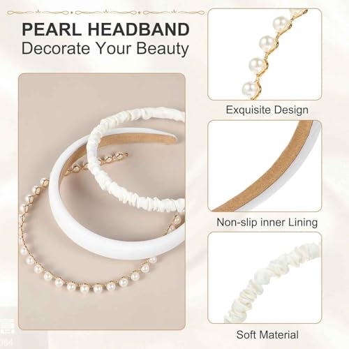 DPWOUM 3 PCS White Pearl Headbands - Non Slip Twisted Wide Hair Accessories for Women